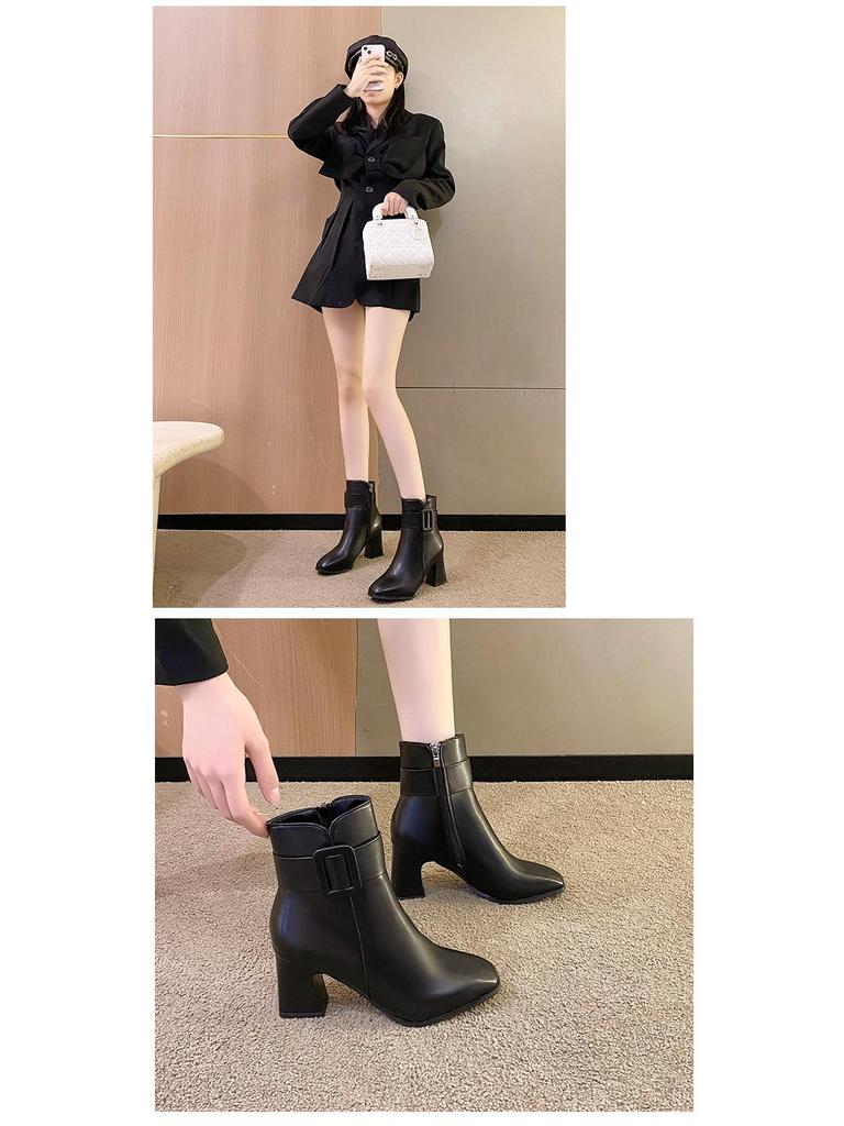 Женские зимние ботильоны из искусственной ПУ кожи на блочном каблуке с боковой молнией, круглым носком и подкладкой из искусственного плюша