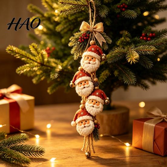 Wooden Christmas Tree Ornaments Santa Claus Hanging Ornament, 2D Flat Pattern Sign with Jute Festive Holiday Rope And Bell, Vintage Door Hanger