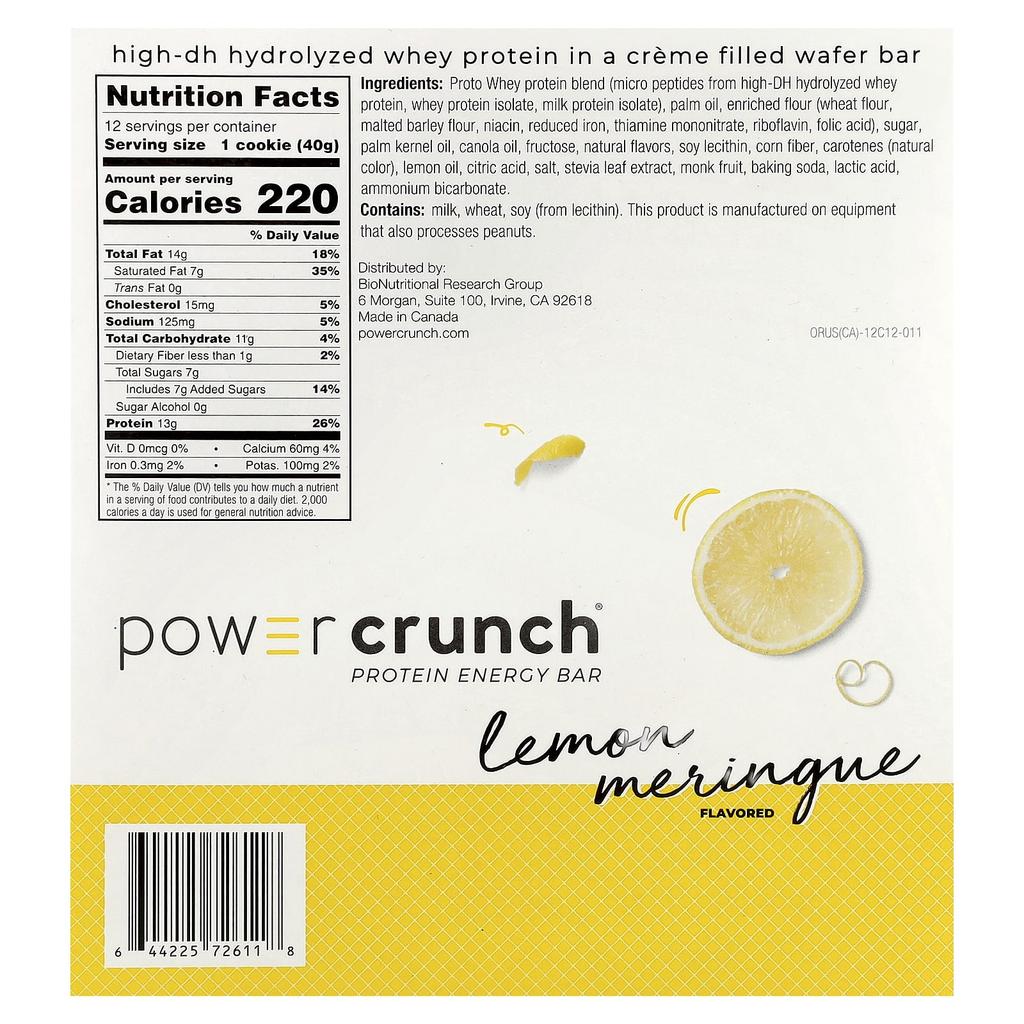 Протеиновые энергетические батончики Power Crunch, Лимонный меренг, 12 батончиков, 40 г (1.4 унции) Каждый