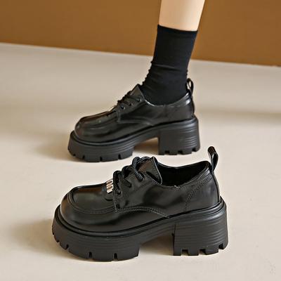 Британские маленькие кожаные туфли женские 2025 осень новые универсальные лоферы на платформе с увеличением высоты, на шнуровке, на среднем каблуке, однотонные туфли