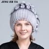Winter Women's Warm Fashion Beanie Knitted Hat Real Rex Rabbit Fur Hat Knitted with Side Flower Russia Hat