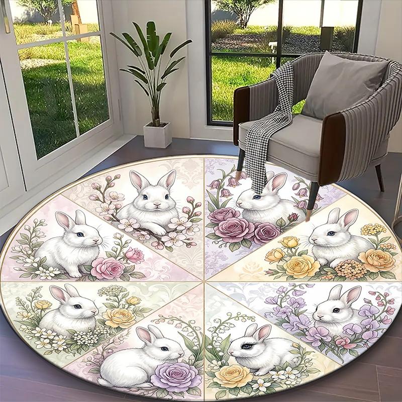 1pc Cream Floral Rabbits Rug, Digital Printed Home Chair Sofa Mat, Durable Office Round Carpet, Beautiful Festival Decorations