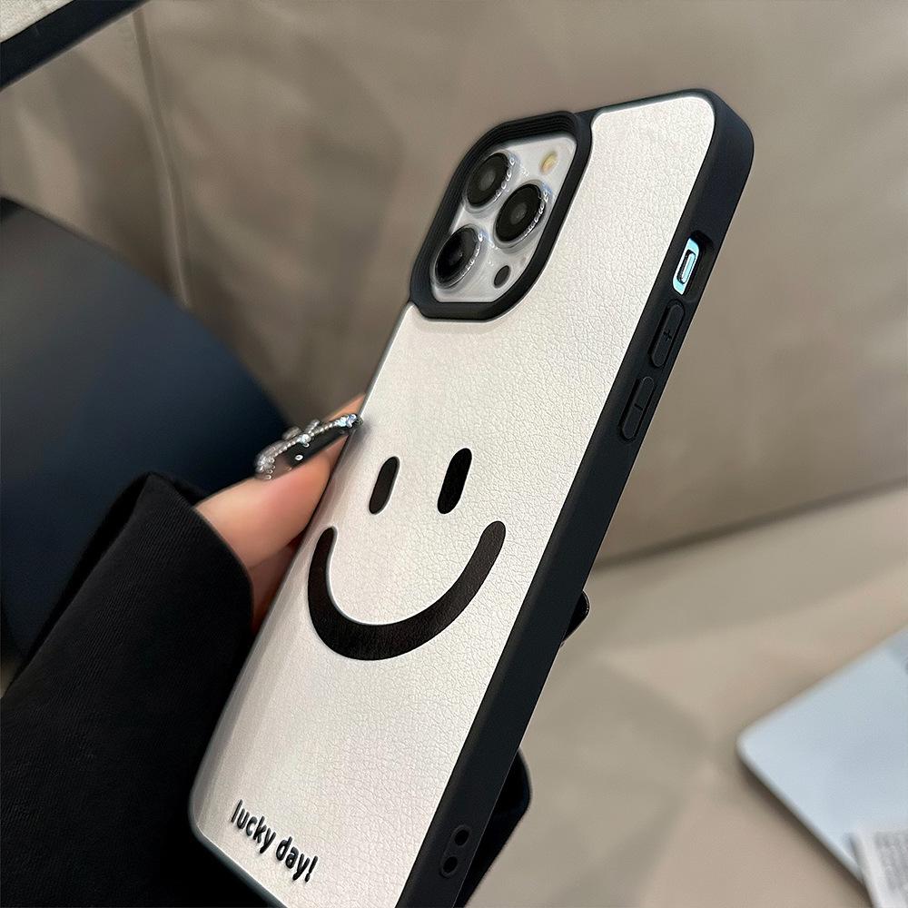 LUCKY Smiling Face Leather Texture Phone Case For iPhone11/12/13/14/15/16/17 Pro Max AIR PLUS Phone Back Covers