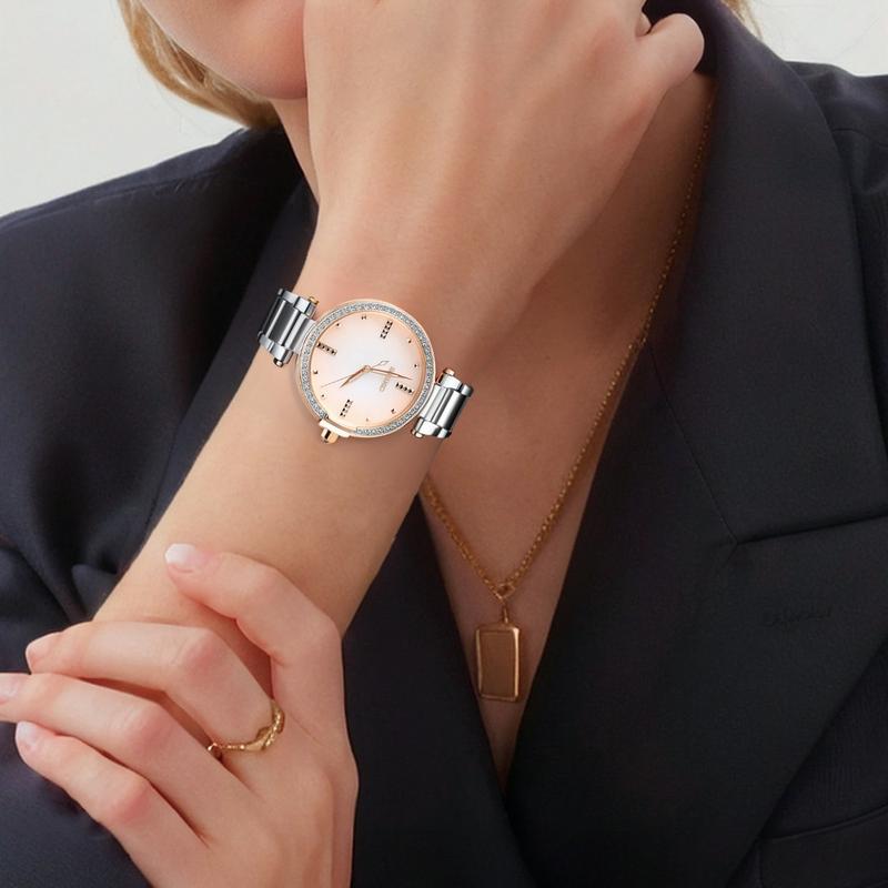 Seiko Женские часы из кварца с кристаллами 30 метров водонепроницаемые кварцевые стальной ремешок женские часы розовый циферблат SRZ514J1