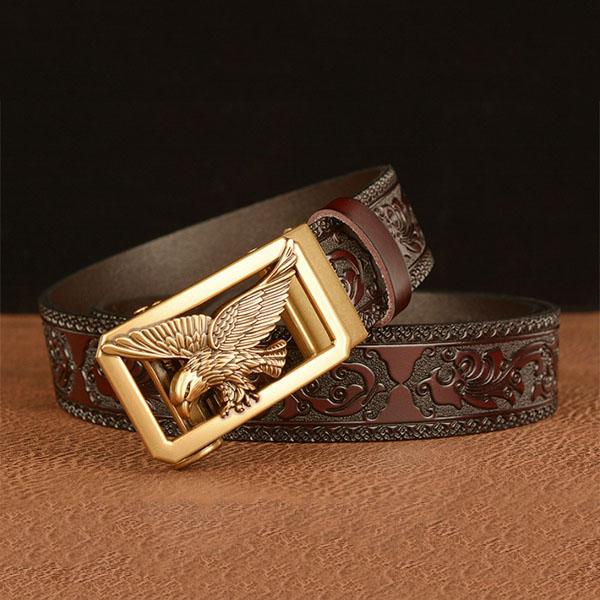 Мужской ремень из натуральной кожи с резным цветочным узором, орлом, золотым автоматическим пряжкой, ремень для джинсов
