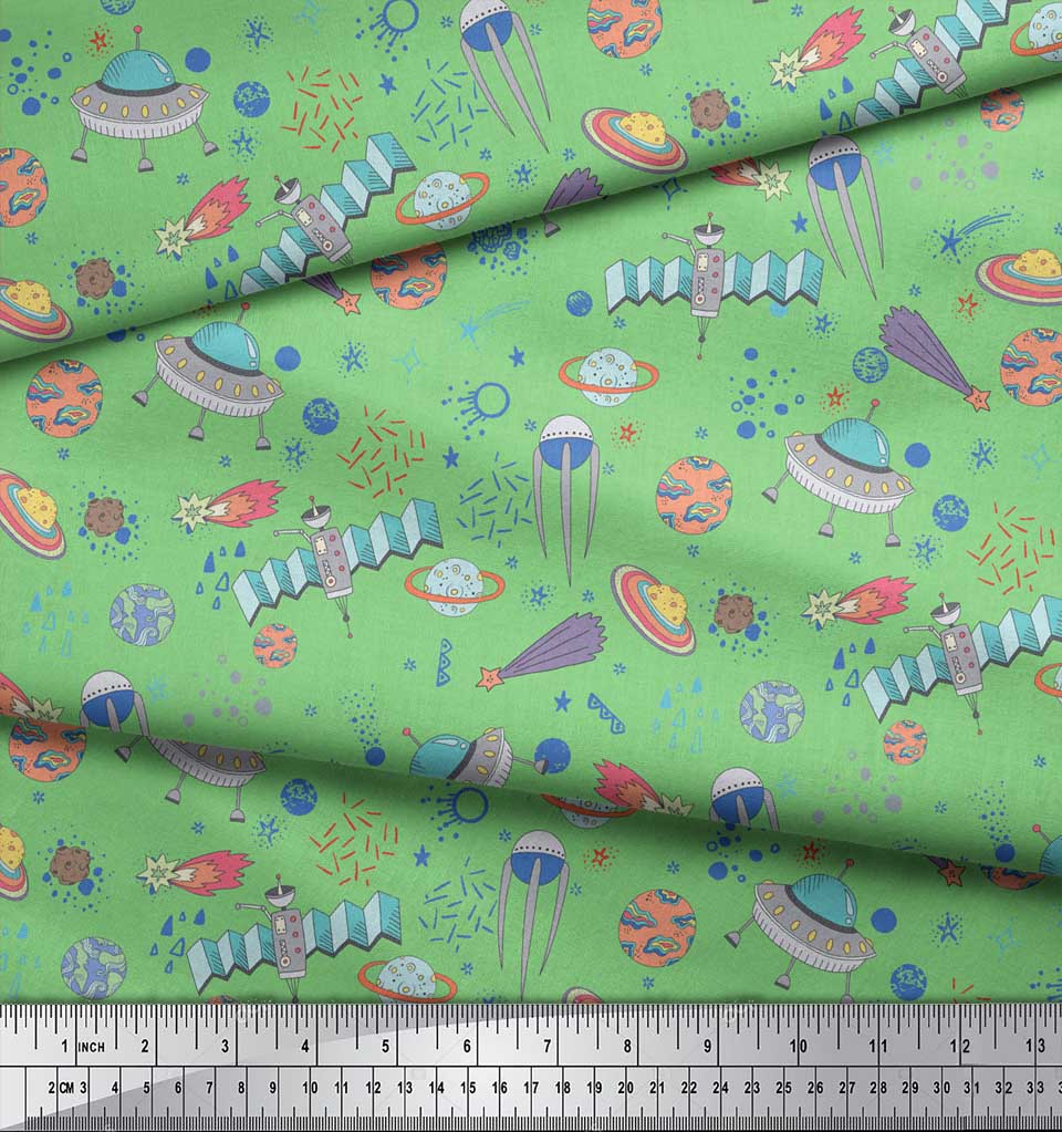 Soimoi Зеленая японская креп-сатиновая ткань Ткань с принтом «Спутник и планета Галактика» по метрам, 42 дюйма