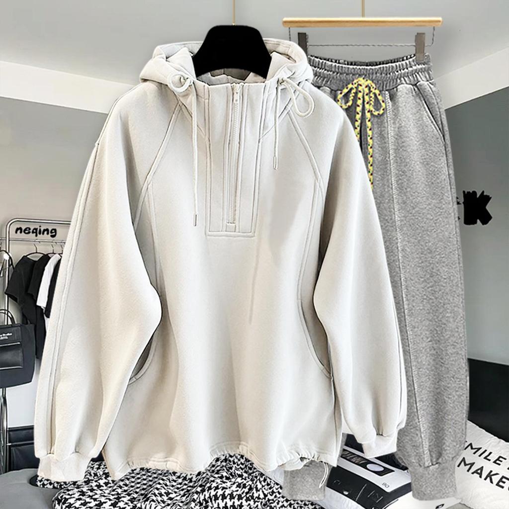 Высококачественный oversized худи с молнией до середины - Однотонный, дышащий, пэчворк-дизайн для весны и осени