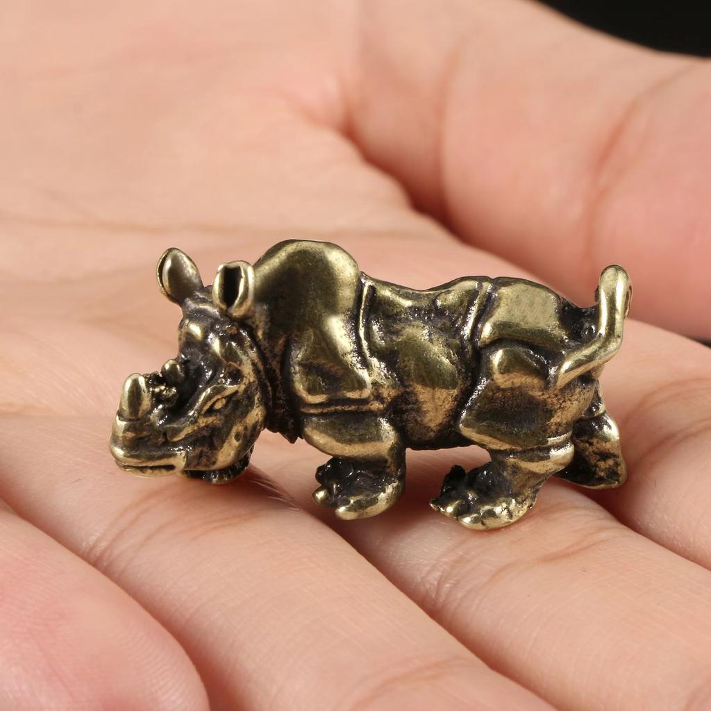 Retro Brass Rhino Figurines Ornaments Pure Copper Animal Rhinoceros Model Statue Miniatures Desk Decorations Feng Shui Gift