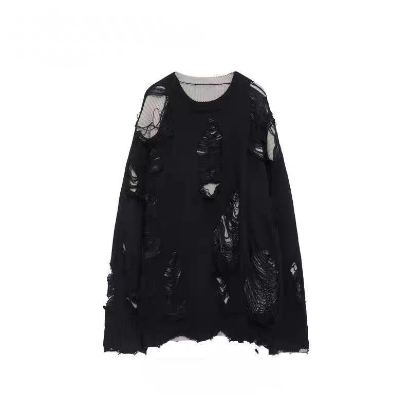 Мужской свитер свободного кроя из двух частей с рваными краями в американском стиле 2024 года, трикотаж, длинный рукав, для весны/осени.