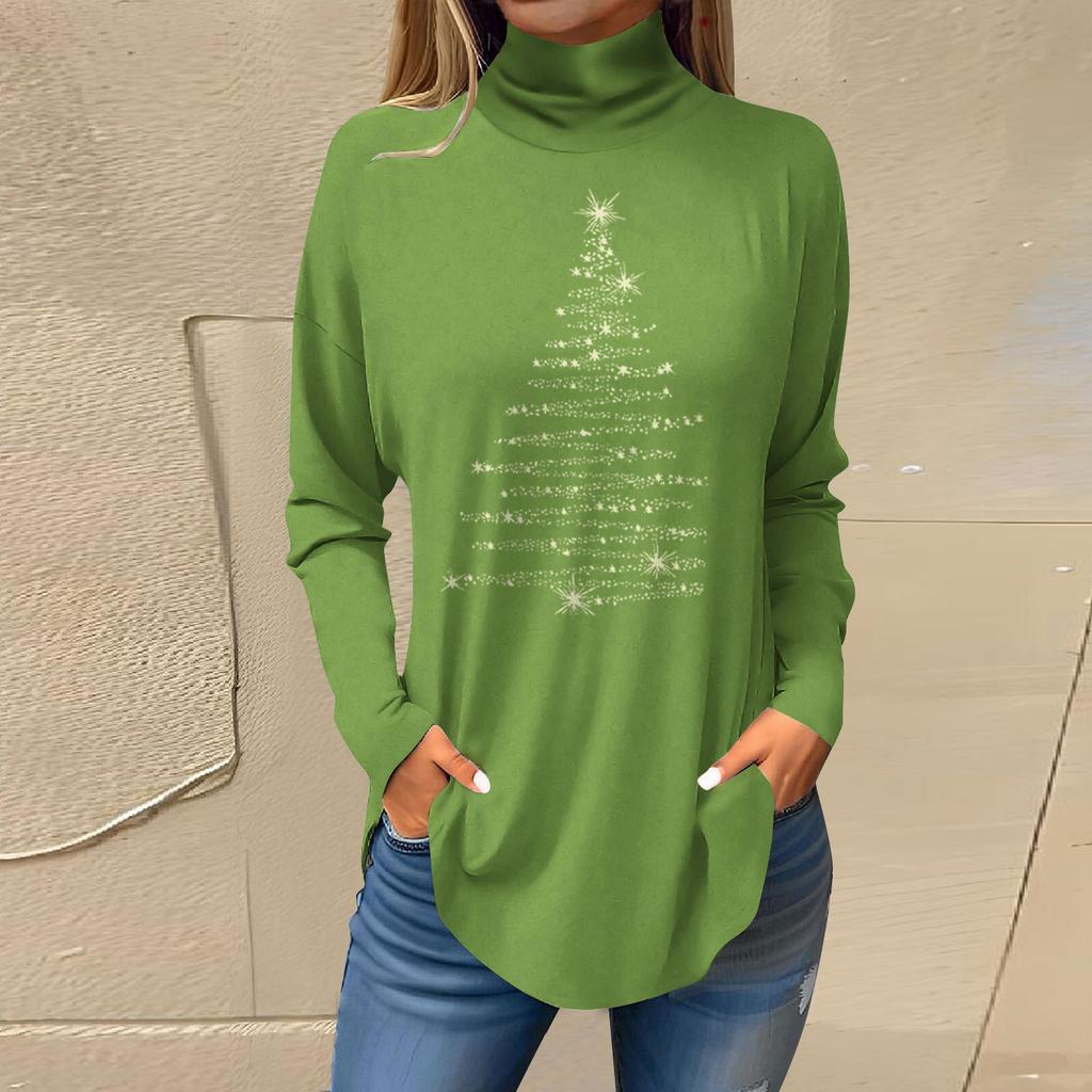 Women's Fashionable Loose-Fit High-Neck T-Shirt With Christmas Print Long-Sleeved Top