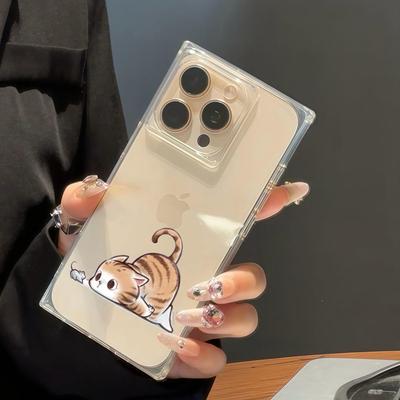 Прозрачный чехол с квадратной задней крышкой для защиты трубки для iPhone 12 13 11 16 ProMax 15 Plus 14 Pro Max, защита от кислорода, чехол с рисунком цветка, кошки и мыши, зрительный контакт