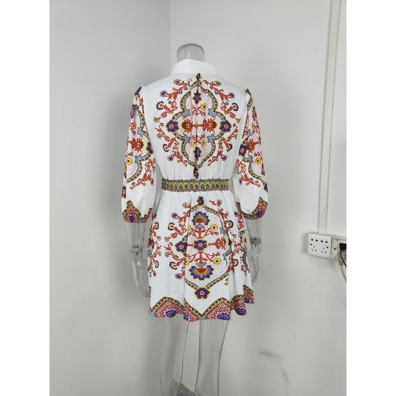 Весенняя женская мода V-образный вырез рукав-фонарик темперамент печать талия тонкие платья