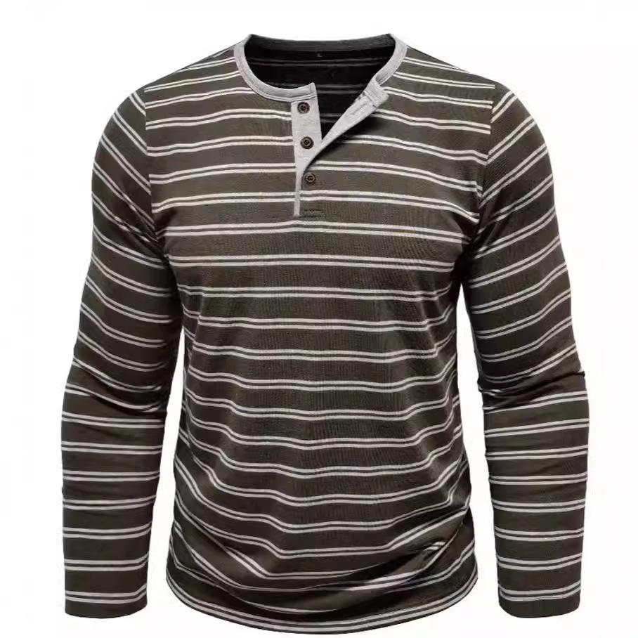Casual Versatile Men's Autumn and Winter Long-sleeved T-shirt Fashionable Men's Striped Henry Shirt Three-button Top