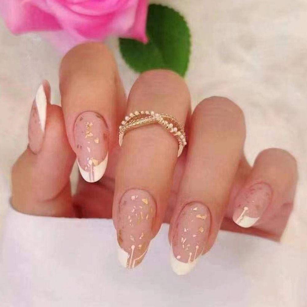 24pcs Nail Tips Press on Nails Fake Nials DIY Four-leaf Clover Long Almond False Nails French