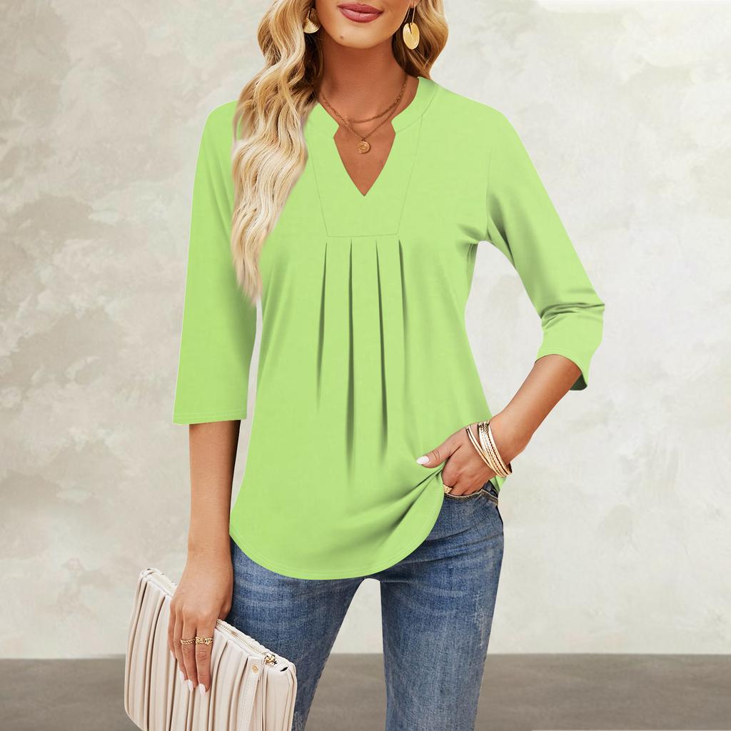 Women's Seven-quarter Sleeve Tops Casual V-neck Chest Ruffles Solid Color Loose T-shirt Tops