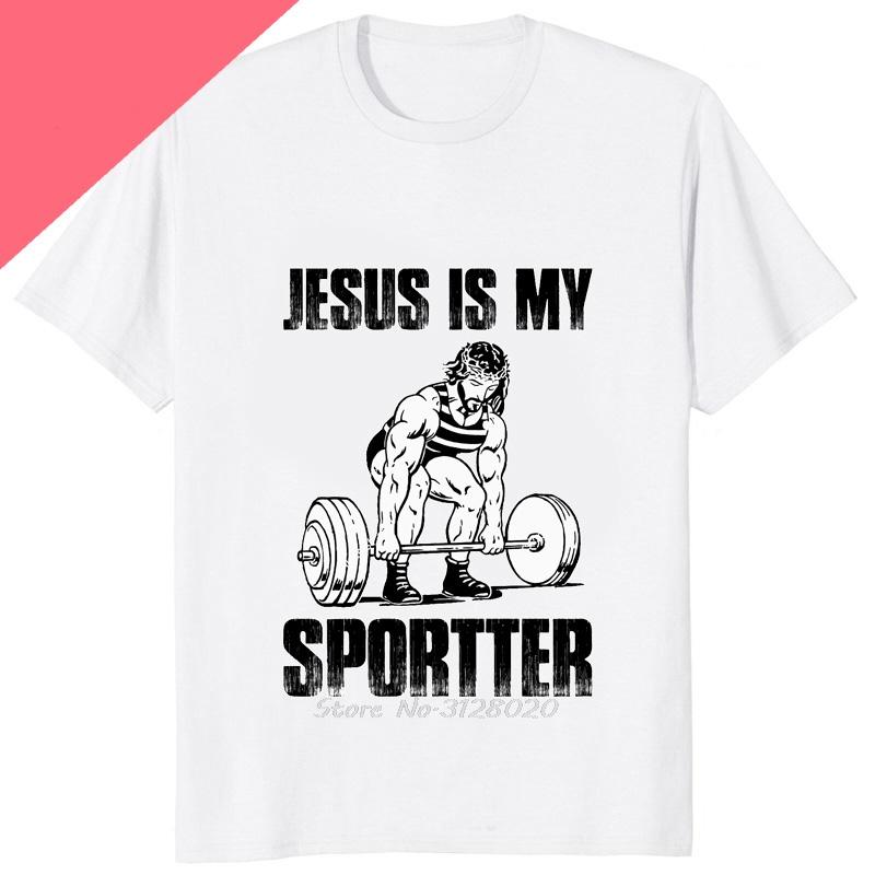 Funny Jesus Is My Spotter Printed Graphic Cotton Men Tshirt Humor Weight Lifting GYM TShirt Casual Fashion Streetwear Male Tees