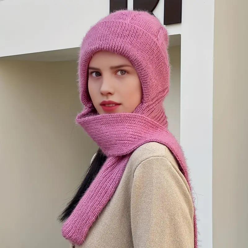 Hat Female Autumn and Winter Warm Knitted Wool Snow Hat Cycling Mother Fashion Ear Protection Headgear Scarf Integrated Hat