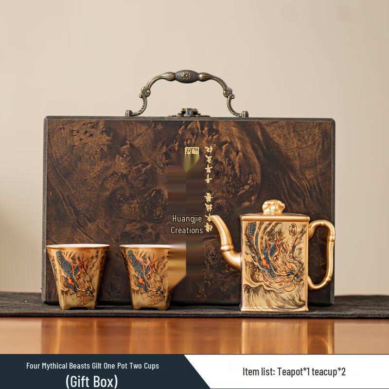 Chinese Dragon & Phoenix Gilded Silver Ceramic Tea Set