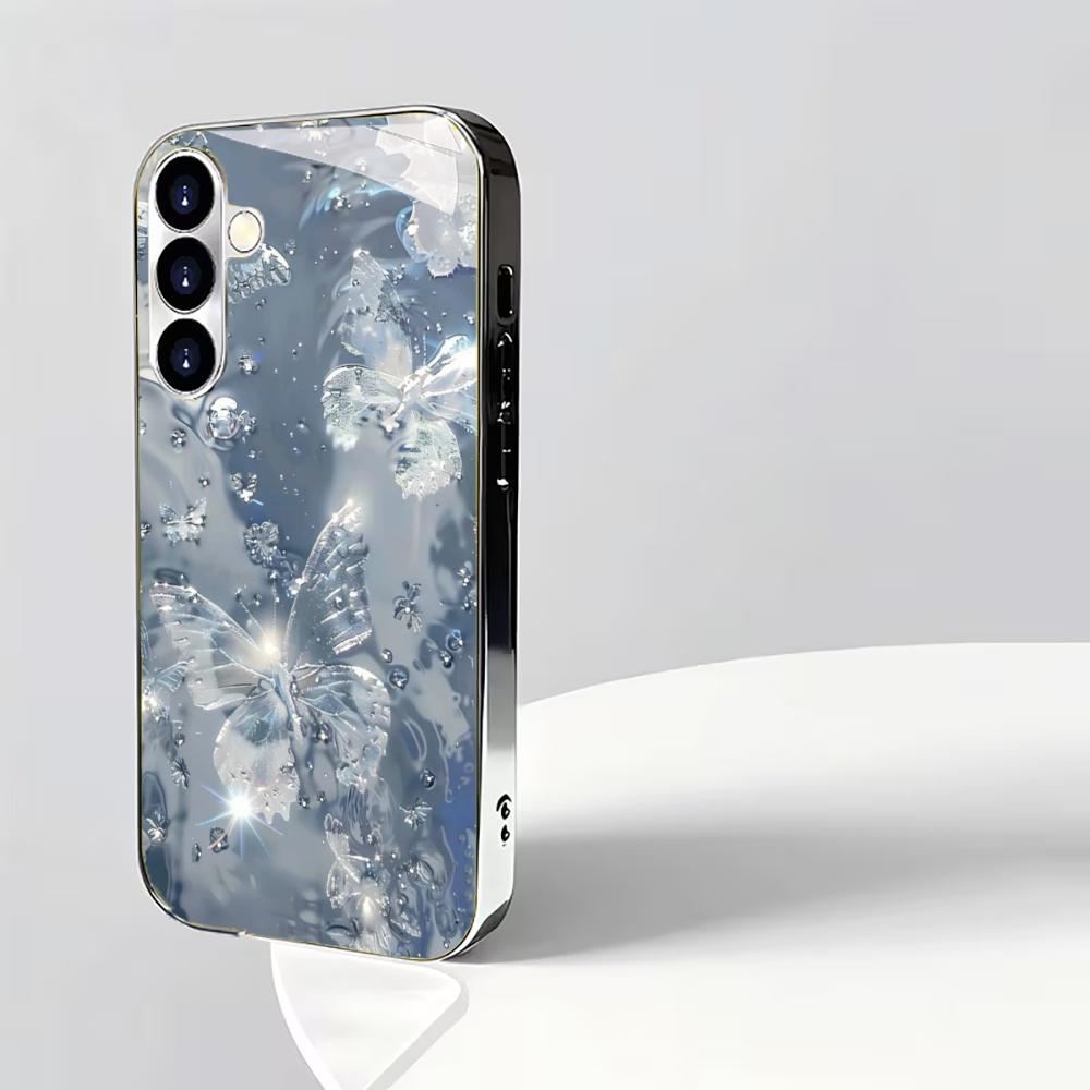 Electroplated glass silver shockproof phone case with butterfly pattern for Samsung Galaxy S26 S25 S24 S23 S22 Ultra Plus FE