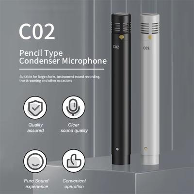 C02 Professional Condenser Small Diaphragm Instrument Recording Pencil Metal Microphone with Clip & Windscreen for Drum,Piano
