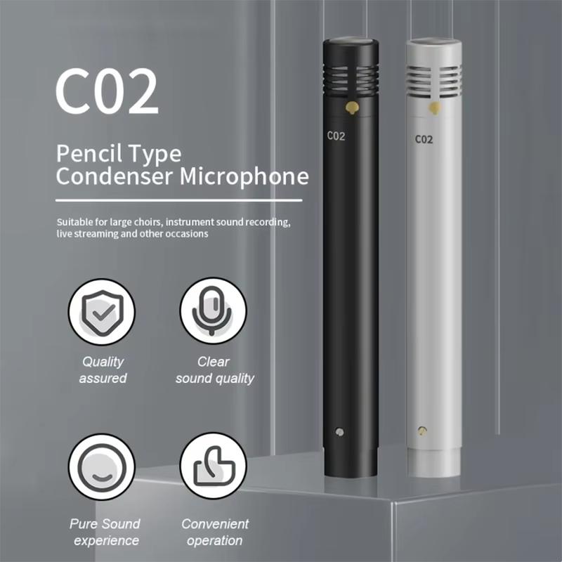 C02 Professional Condenser Small Diaphragm Instrument Recording Pencil Metal Microphone with Clip & Windscreen for Drum,Piano