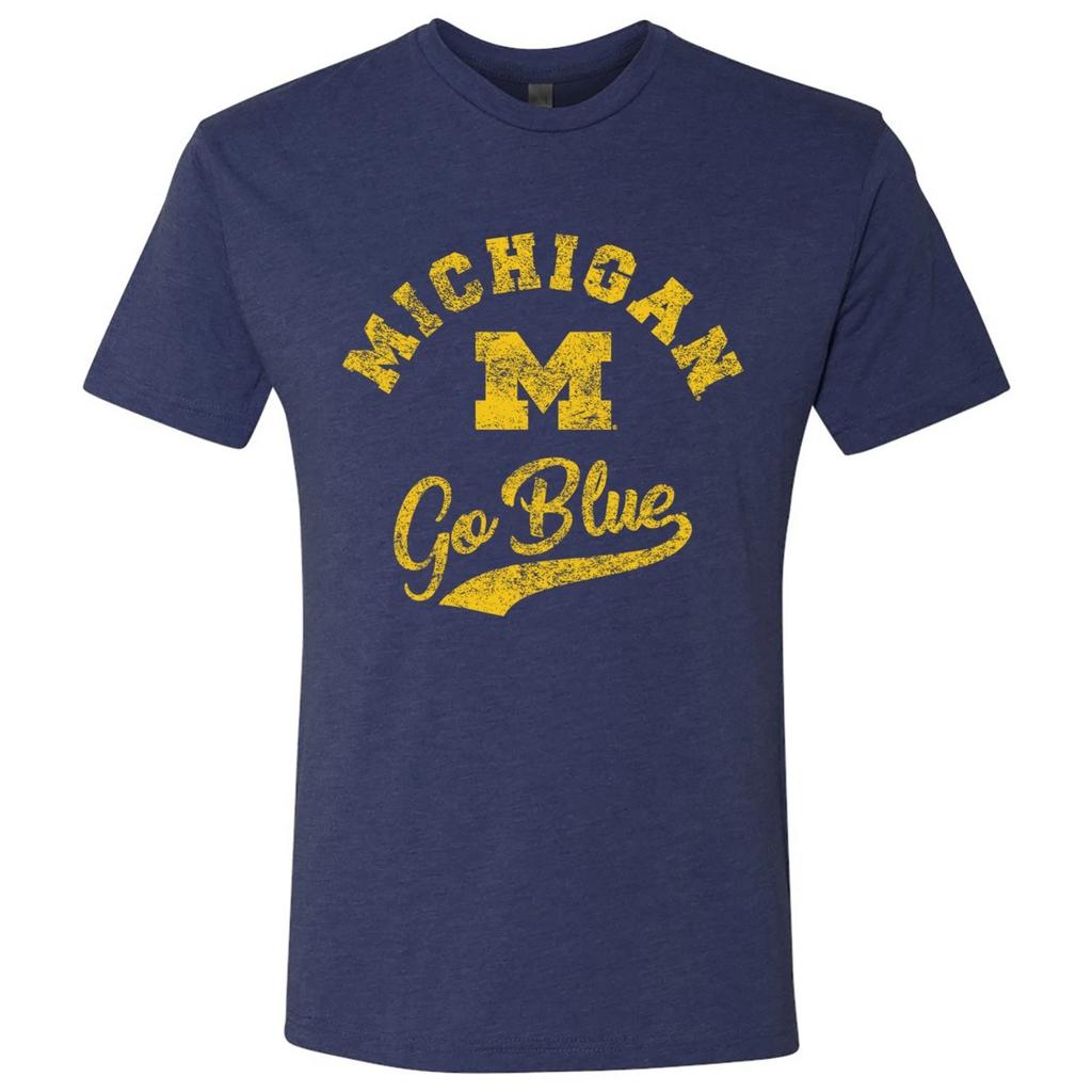 Ретро-футболка Michigan Wolverines с надписью, лицензированная, унисекс, из смеси тканей - Винтажный темно-синий