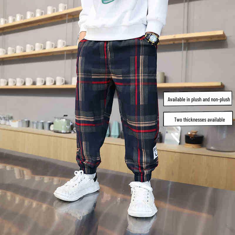 «Брюки для мальчиков в клетку с бархатной подкладкой — новая стильная повседневная спортивная одежда 2023 года для детей»