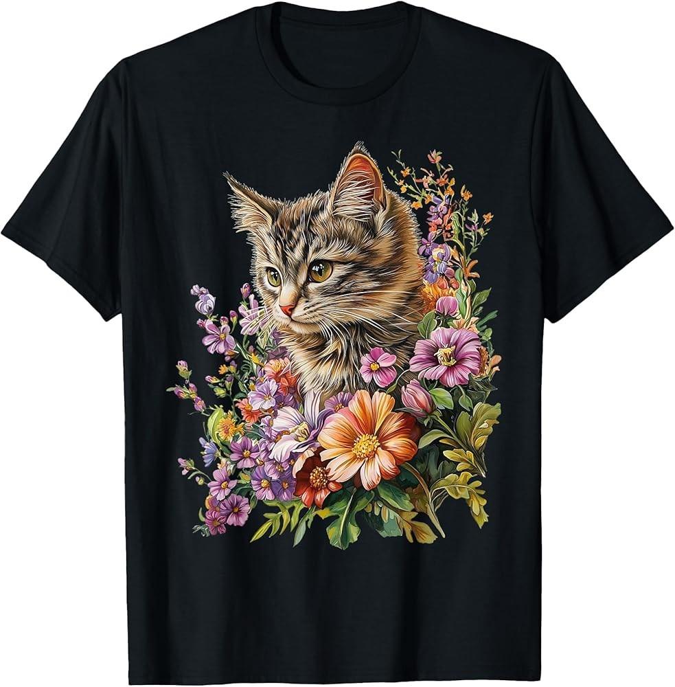 Cat Flower Floral Cute Kitten Graphic T-Shirt