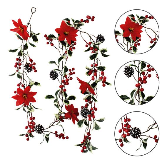 Рождественская искусственная гирлянда из ротанга с зелеными листьями и красными ягодами в помещении и на открытом воздухе, настенная подвеска, рождественские искусственные растения, украшение для праздничной вечеринки, реквизит для фотографий