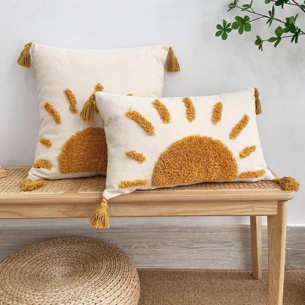 Богемная скандинавская tufted наволочка с изображением солнца - Роскошная, мягкая, однотонная для дивана