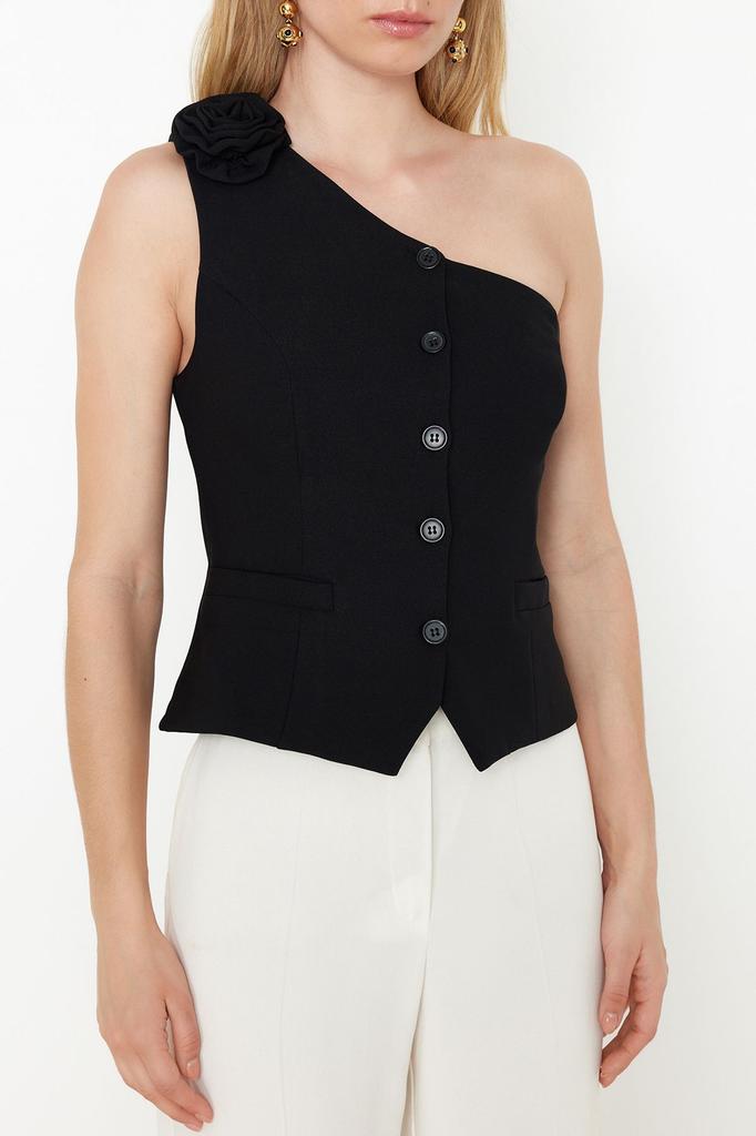 Women's Fashion Limited Edition Ecru Fitted One Shoulder Rose Detailed Woven Vest