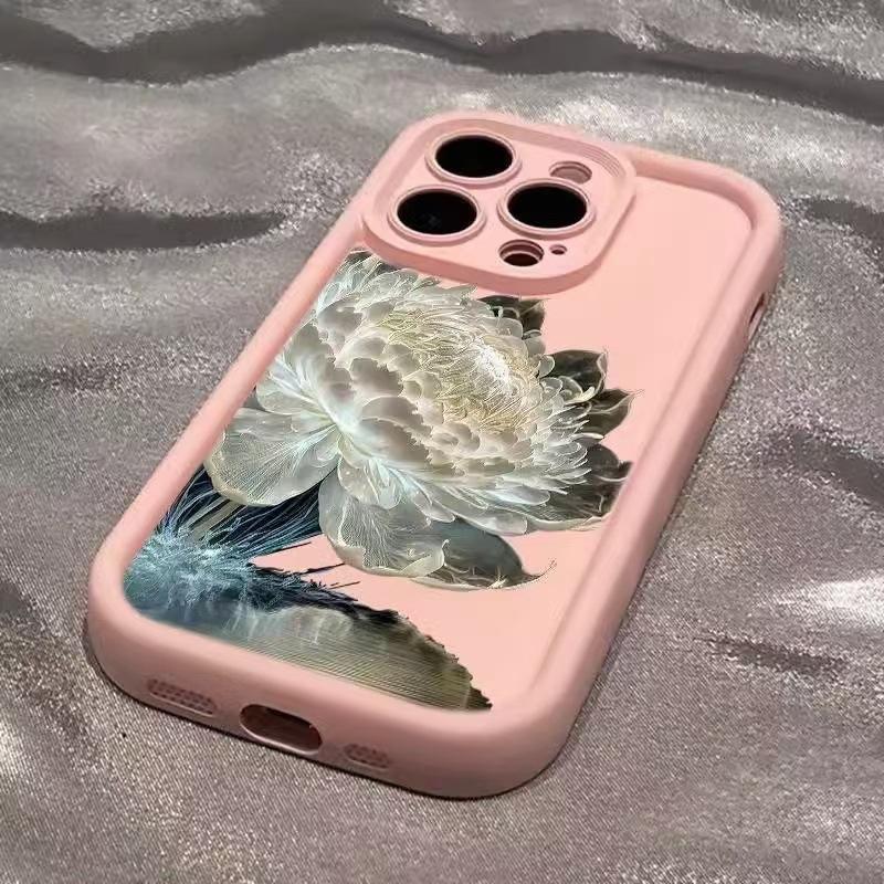 Creative snow lotus flower case for Apple iPhone 15 Pro, iPhone 16 Pro, beautiful design, new style, 14mm drop-proof, 13mm soft.