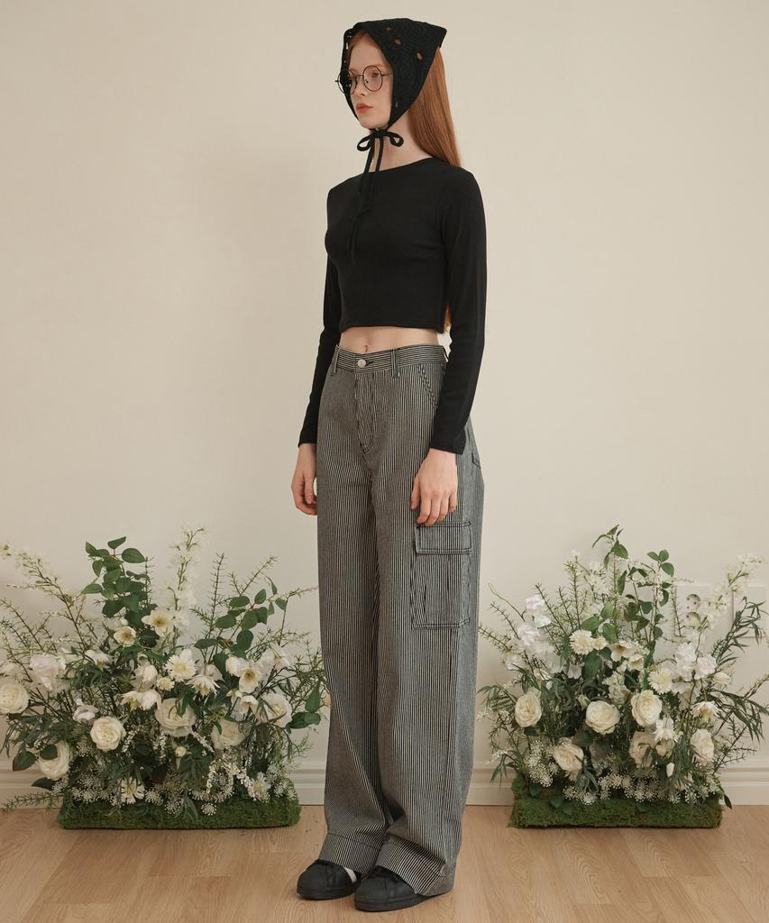 LOSSYROW Stripe Washed Cargo Denim Pants Black