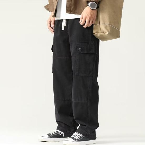 Мужские брюки-карго свободного кроя, однотонные, винтажный стиль, уличный стиль, широкие прямые брюки с несколькими карманами, уличные брюки для путешествий на открытом воздухе