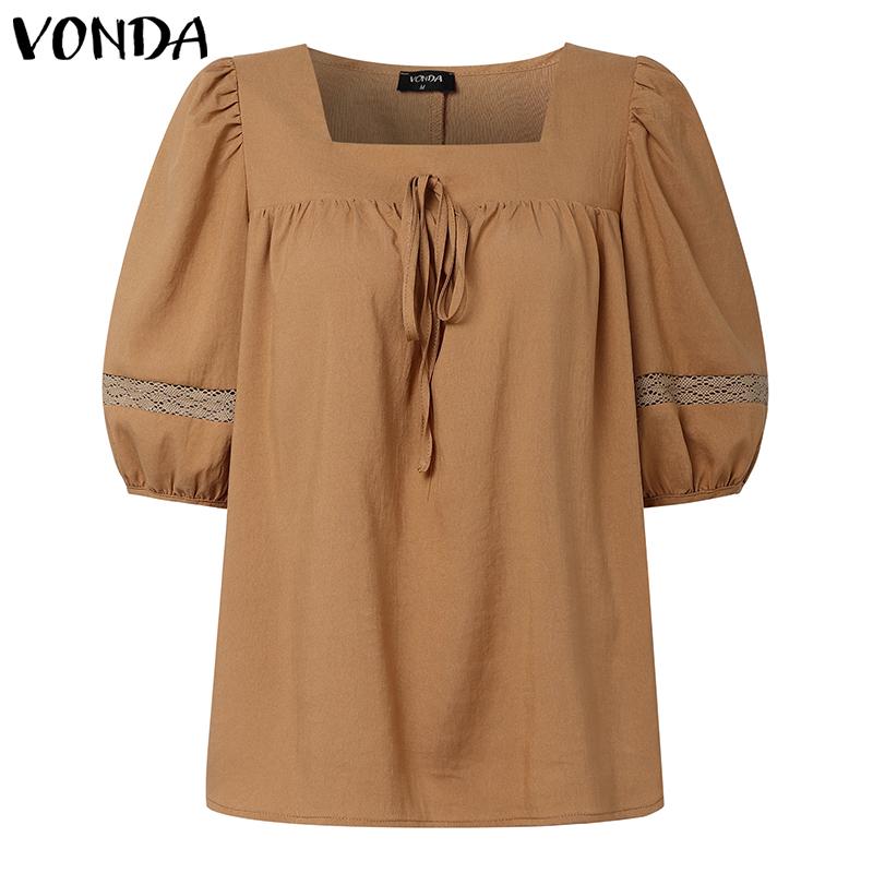 VONDA Elegant Women Square Collar Puff Sleeve Crochet Patchwork Casual Blouse