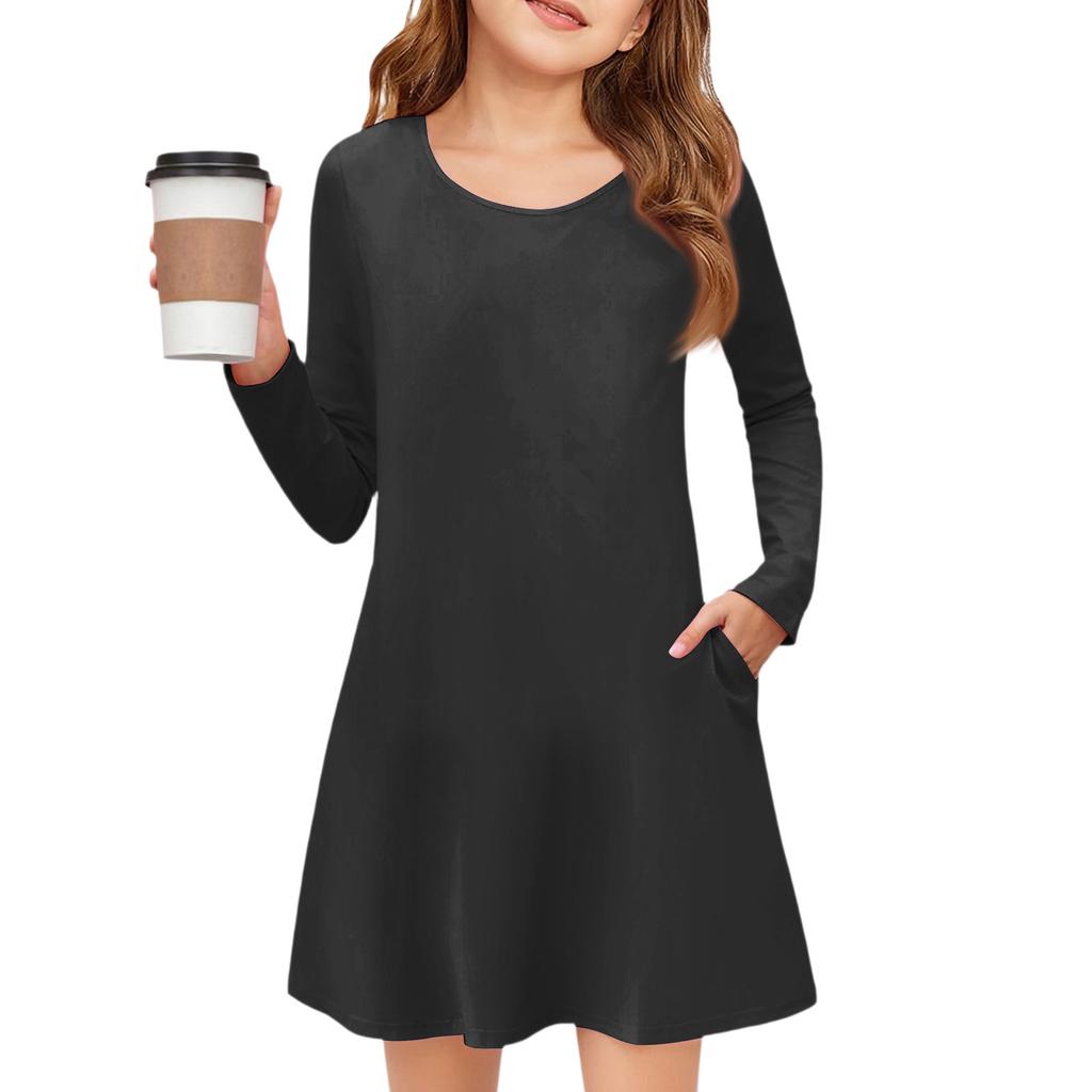 Girls' Long Sleeve Dress - Solid Color Pocket Dress