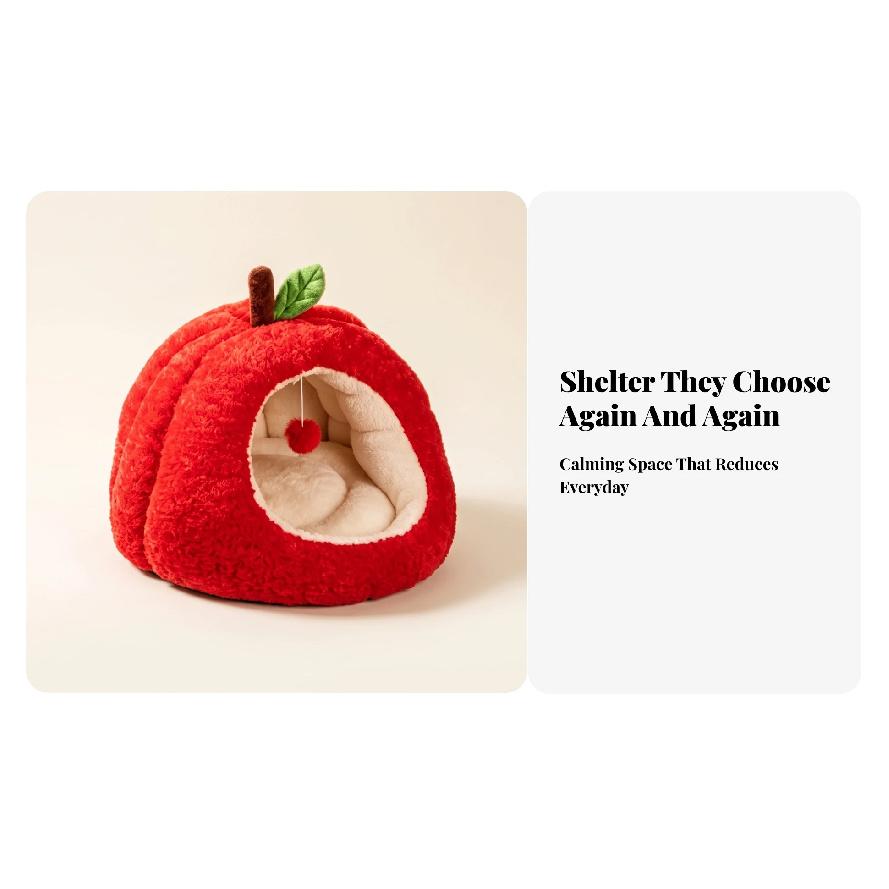 Apple-Shaped Pet Bed Cozy Enclosed Pet Bed with Removable Cushion Hideaway Cat House Warm Cat House with Cushion Soft for Cats