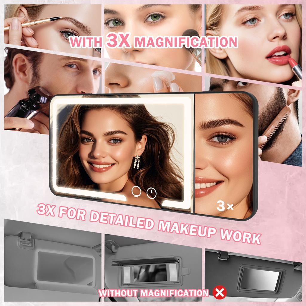 Car Sun Visor Vanity Mirror 3X Magnification Car Visor Mirror with LED Light 3 Colors Dimmable Makeup Mirrors for Cars SUV Truck