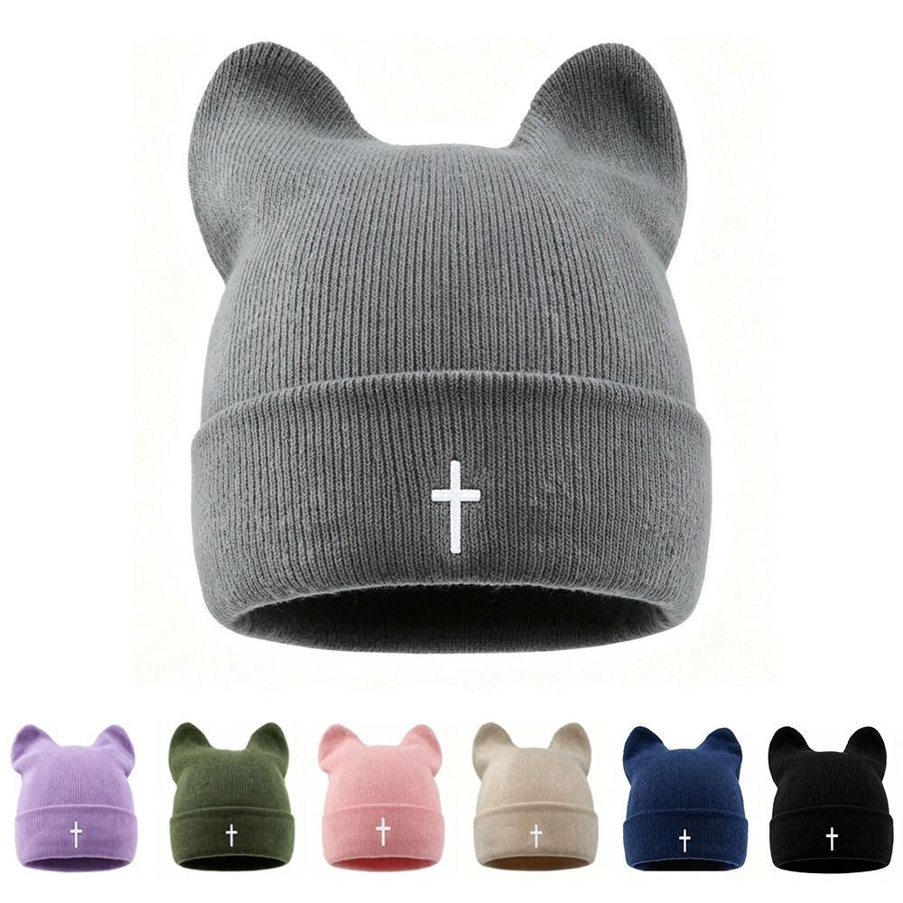 Thickened Cat Ear Beanies Cap Windproof Winter Bomber Hat Cute Knitted Woolen Hat for Women