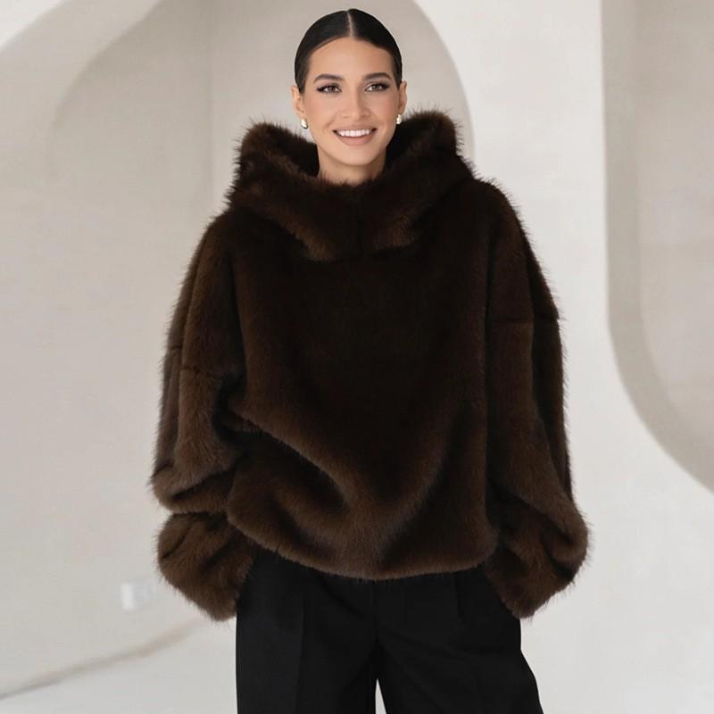 Womens Faux Fur Hooded Coat Winter Warm Streetwear Oversized Jacket With Pockets