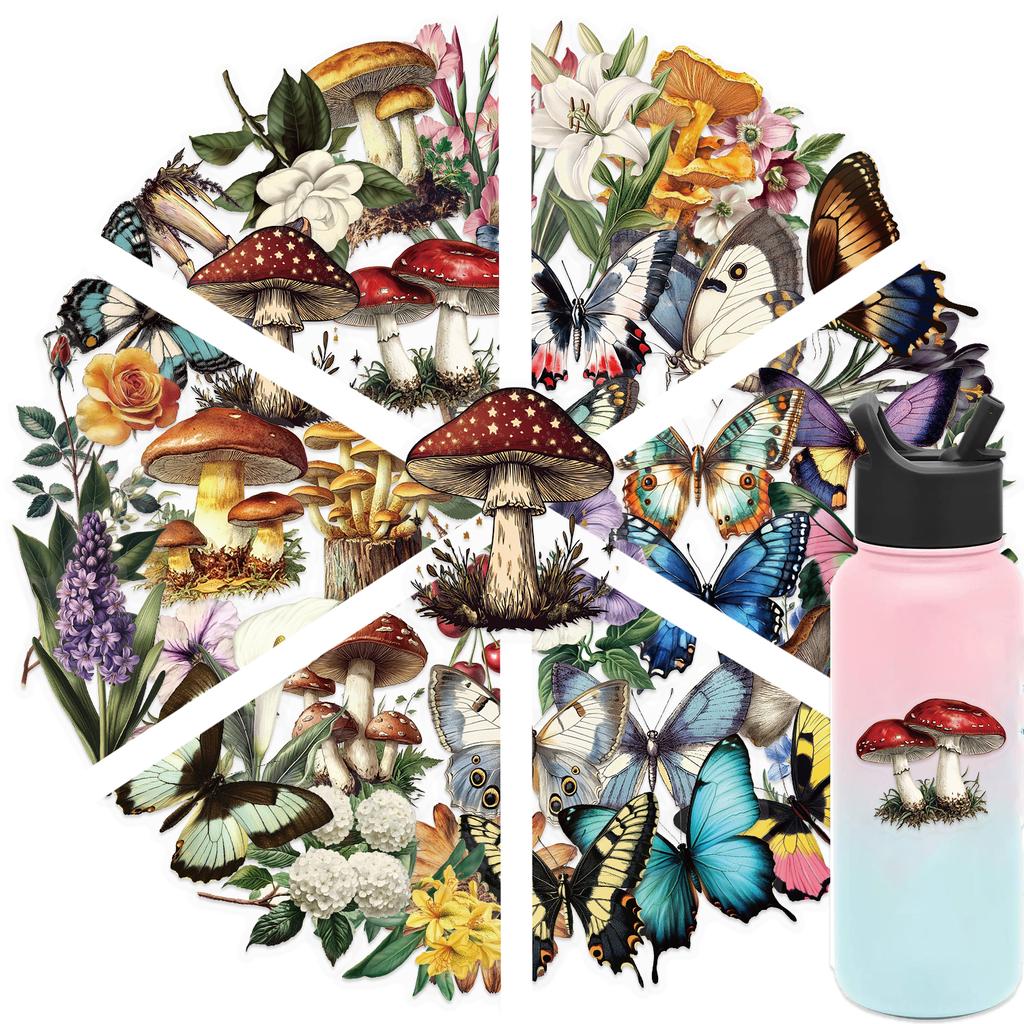 50PCS Mushroom Butterfly Sticker Transparent PET Decals Stationery Phone Laptop Scooter Luggage Waterproof Decor Sticker