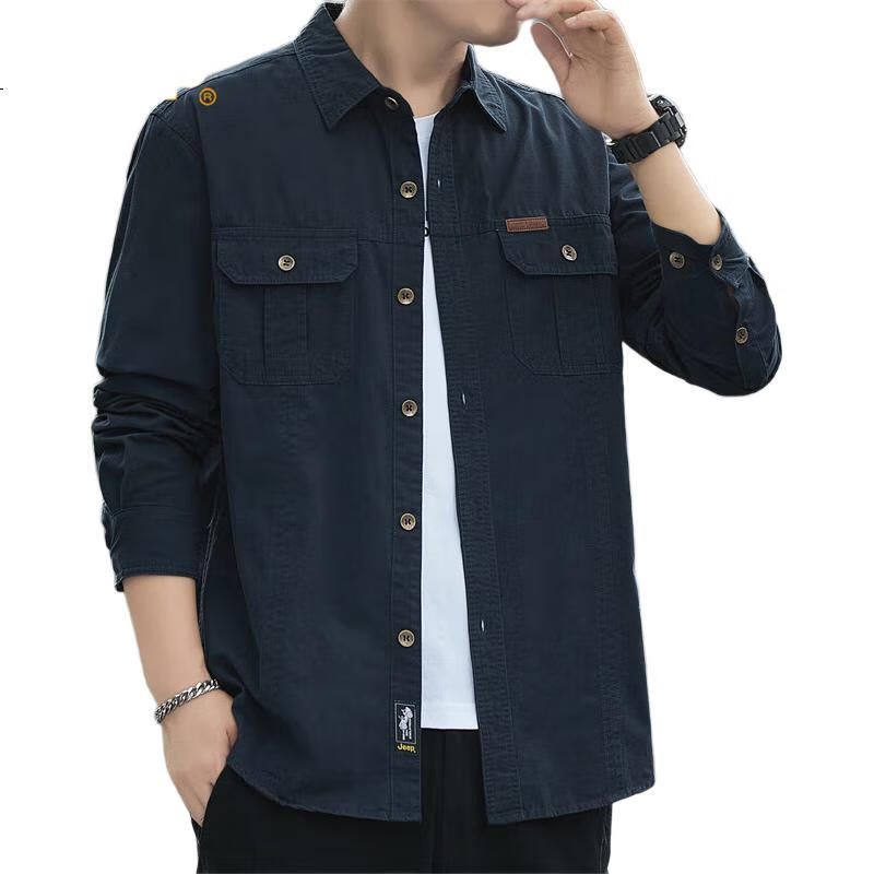 JEEP Men's Shirt, Spring And Autumn Workwear Jacket, Long-Sleeve Shirt, Loose Casual Clothing for Men, Army Green, 2XL