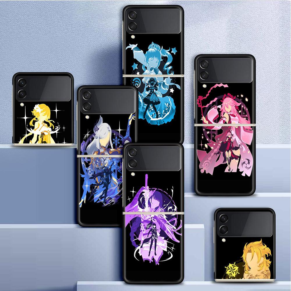 Чехол для Samsung Galaxy Z Flip 3 4 5G черный жесткий корпус для ПК Z Flip4 роскошный сегментированный чехол аниме Genshin Impact Cool