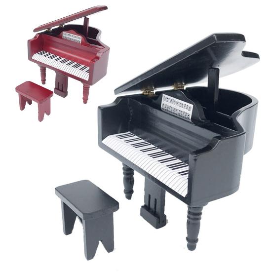 Мини-мебель для кукольного домика 1:12, пианино, красивое деревянное мини-треугольное пианино ручной работы с табуреткой для книжного шкафа