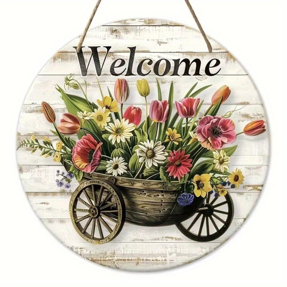 Vintage Welcome Flower Plant Sign, Round Wooden Wreath Sign for Home Room Farmhouse Porch Bar Cafe Wall Decor, Gift for Friends