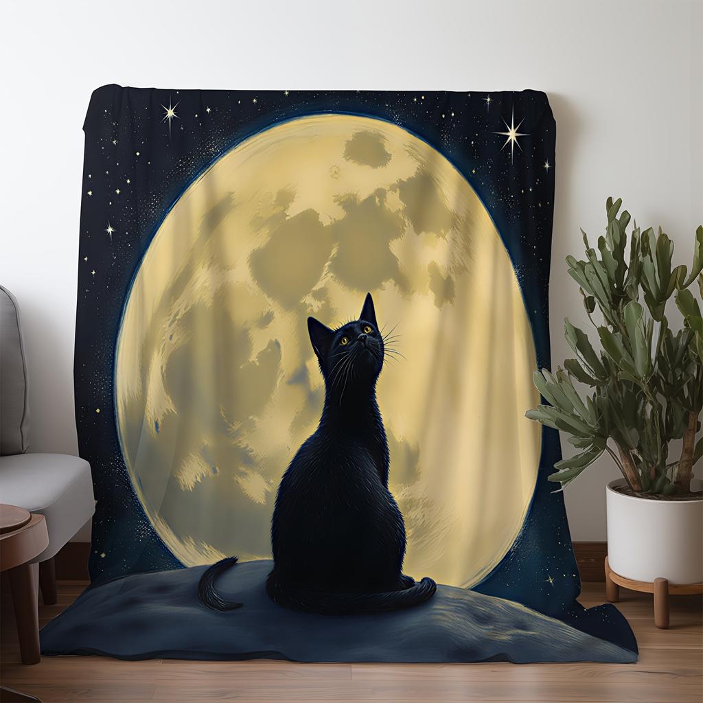 Vintage Moonlit Cat Throw Blanket - Soft Flannel All-Season Cozy Blanket with Mystical Black Cat & Full Moon Design, Mixed Color