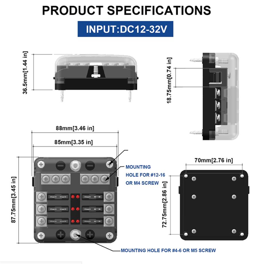 6-Way Blade Fuse Box Block Holder Power Distribution For 12V 24V Car Boat Marine