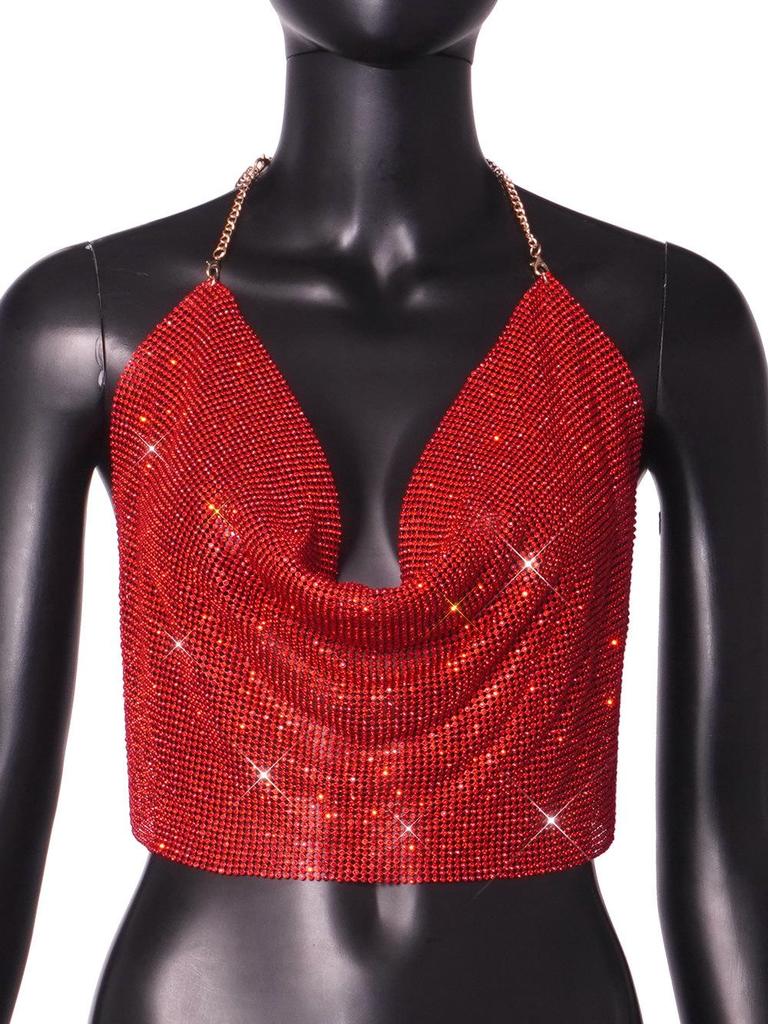 Европейская и американская мода Стразы Цепочка Бретелька Глубокий V-образный вырез Открытая спина Кроп-топ