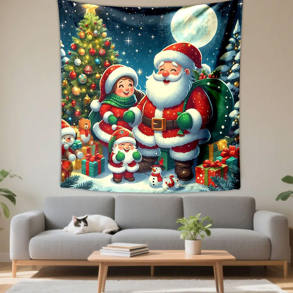 Christmas Family with Santa Claus Patterned Tapestry Decorative Wall Hanging, Home Bedroom Living Room Decor