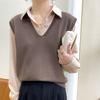 Autumn Women's Knitted Vest Korean Version V-neck Solid Color Pullover, Casual Shoulder Loose Outer Sleeveless Sweater